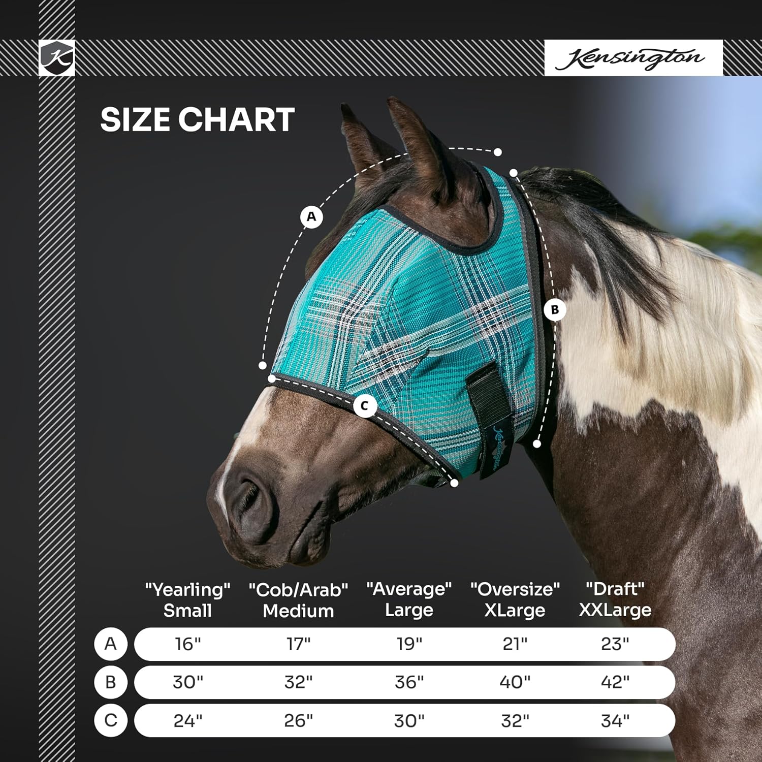 Kensington Fly Mask Web Trim — Protects Horses Face and Eyes From sun While Allowing Full Visibility — Ears and Forelock Able to Come Through the Mask, Medium, Deluxe Black