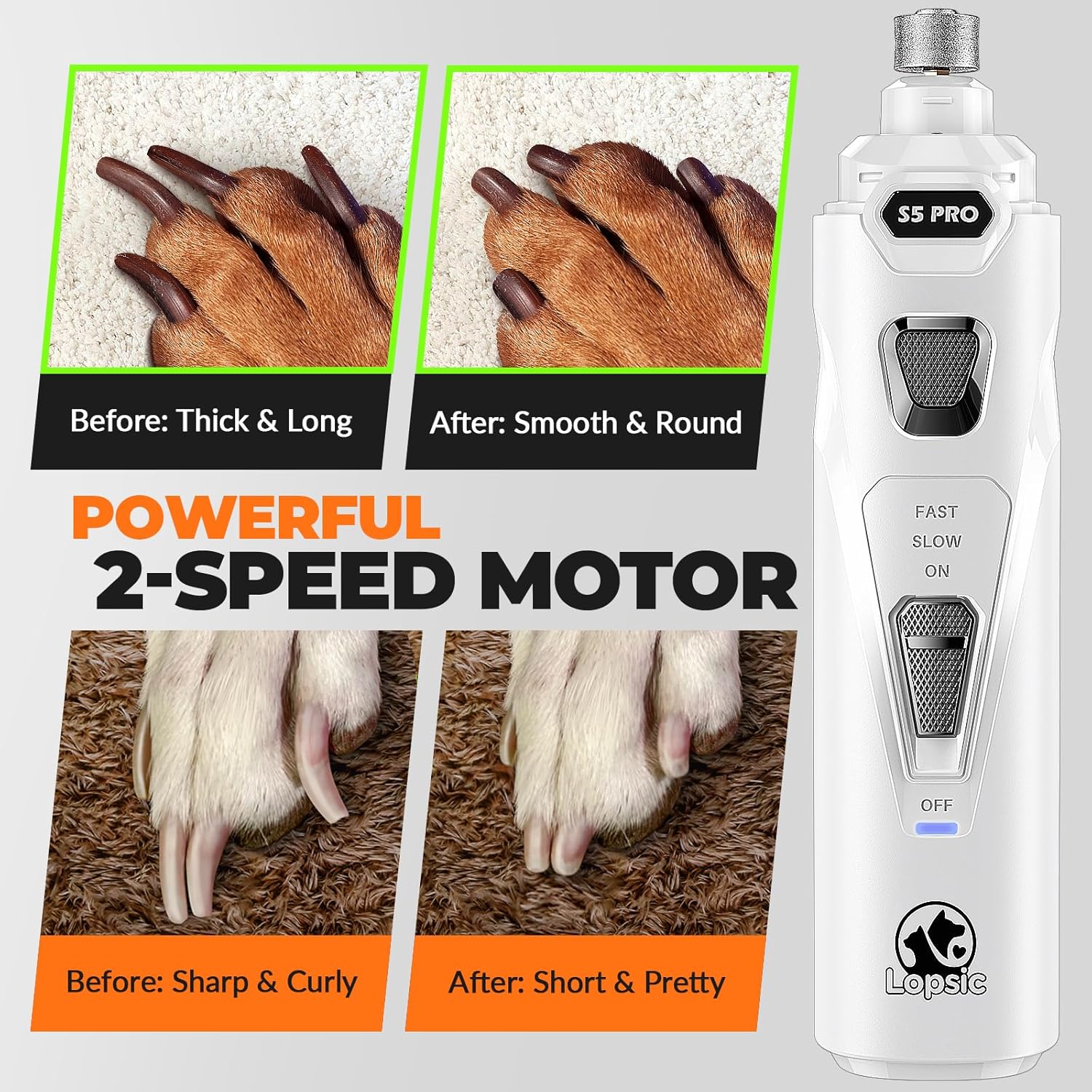Dog Nail Grinder with 2 LED Lights Powerful 2 Speeds Super Quiet Dog Nail Trimmers with 3 Grinding Wheels Rechargeable Pet Dog Nail Clippers for Large Medium Puppy Dogs Dog Nail File Cat Nail Clipper