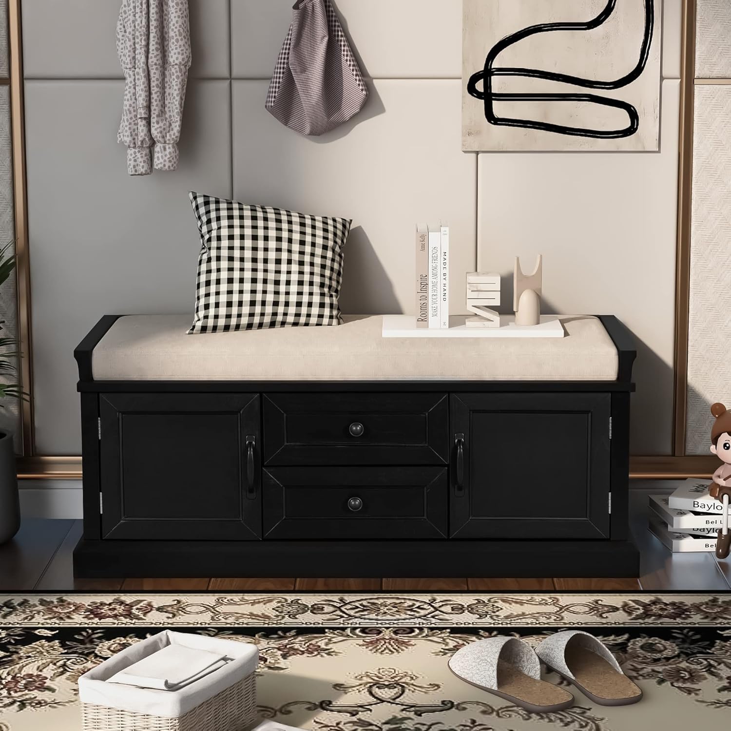 Storage Bench with 2 Drawers and 2 Cabinets, Pine Wood Shoe Bench with Removable Cushion for Living Room, Entryway 42.5" L x 15.9" W x 17.5" H (Black)