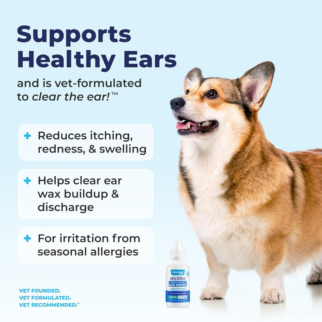 Vetnique Oticbliss Medicated Cat & Dog Ear Cleaner Drops - Dog Ear Infection Treatment with 1% Hydrocortisone to Soothe Itching, Redness, & Swelling - Vet Recommended