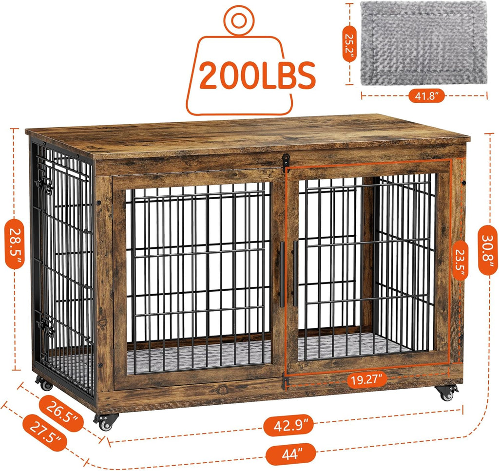 Lulive Dog Crate Furniture, XL Wooden Dog Kennel Indoor Double Doors Dog Cage, 44'' Heavy Duty Dog Crate with Cushion & Wheels, Decorative End Table Pet House Chew-Resistant for Large Dogs, Brown