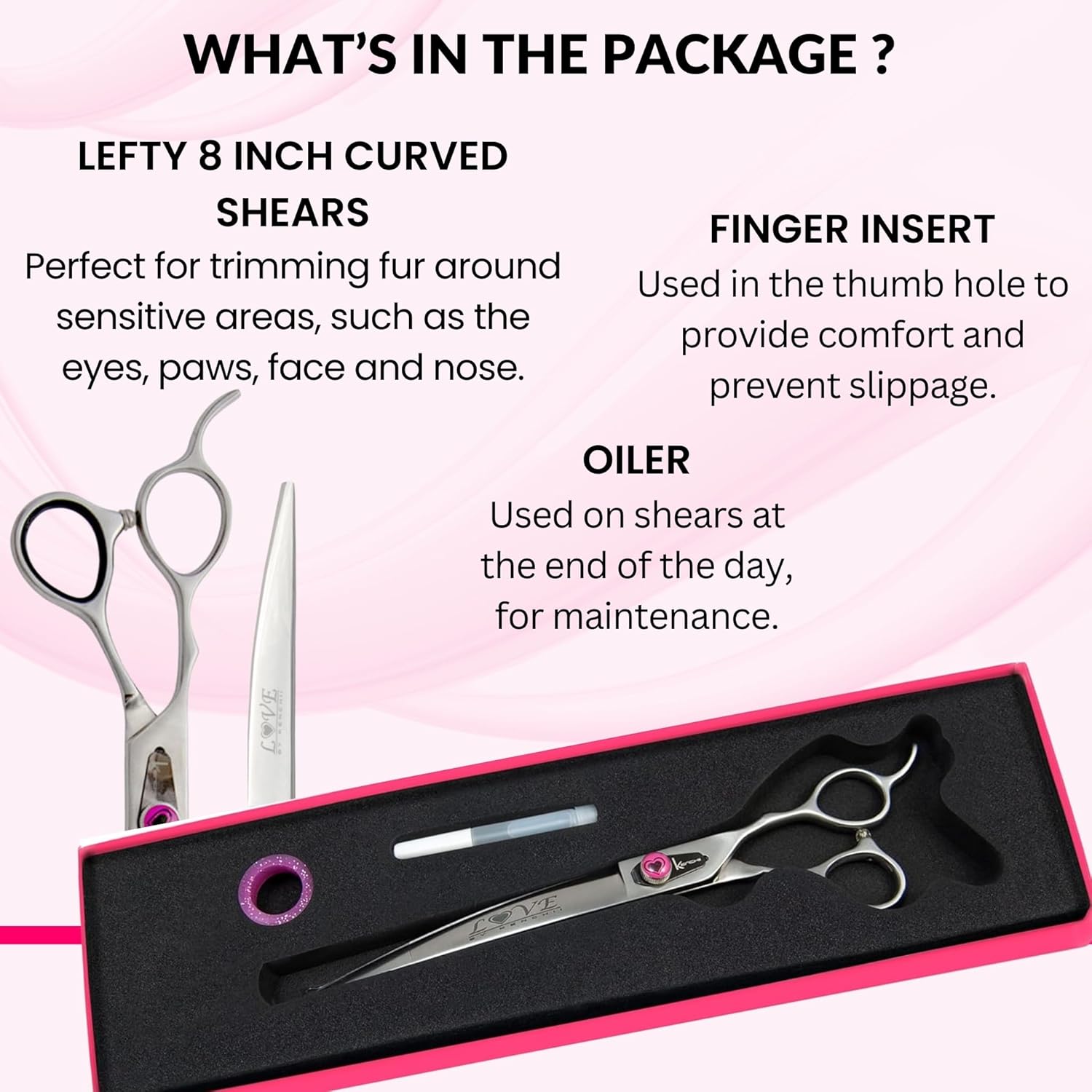Kenchii Love Left Handed Dog Grooming Scissors, 8 Inch Curved Shears, Dog Scissors for Grooming, Professional Pet Grooming Scissors, Ergonomic & Comfortable