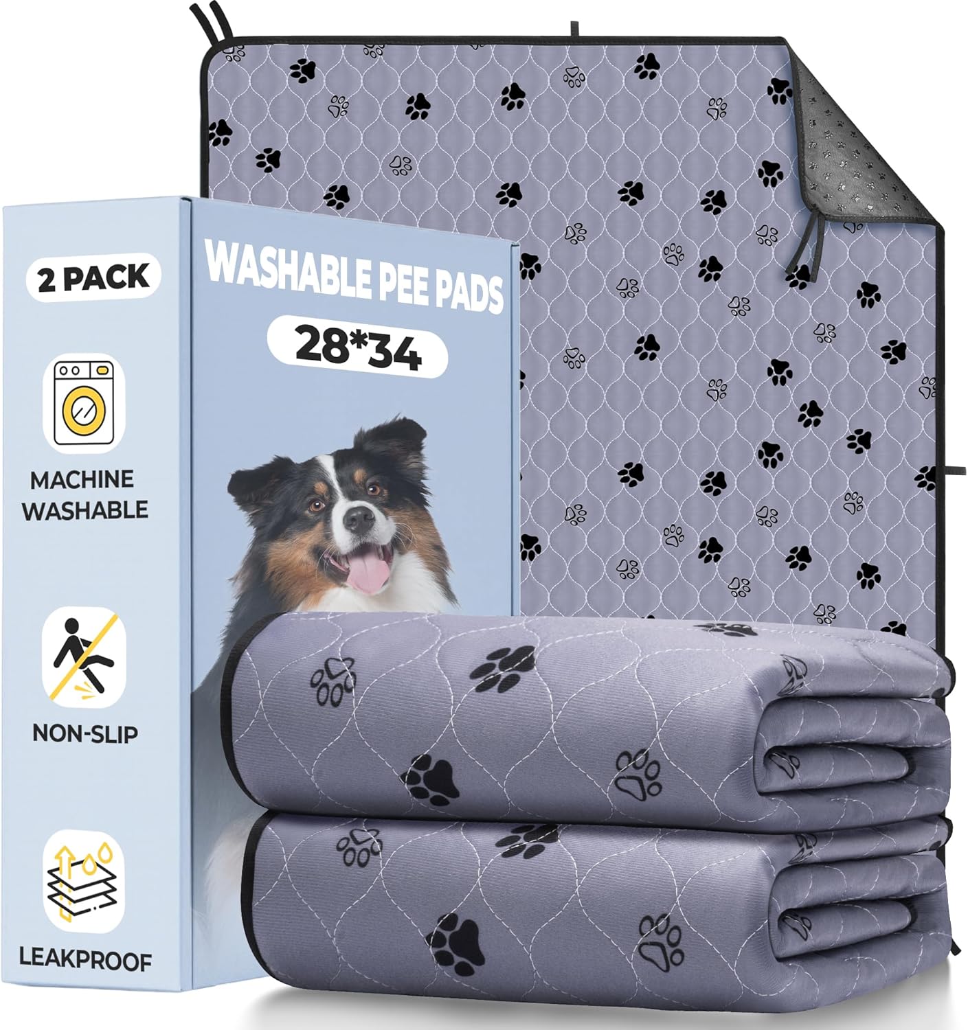 Fostanfly Washable Pee Pads for Dogs, 2 Pack 28''x34'' Large Ultra-Absorbent and Leak-Proof Non-Slip Reusable Potty Training Pads for Dogs, Puppy and Cats of Add 8 Lanyards