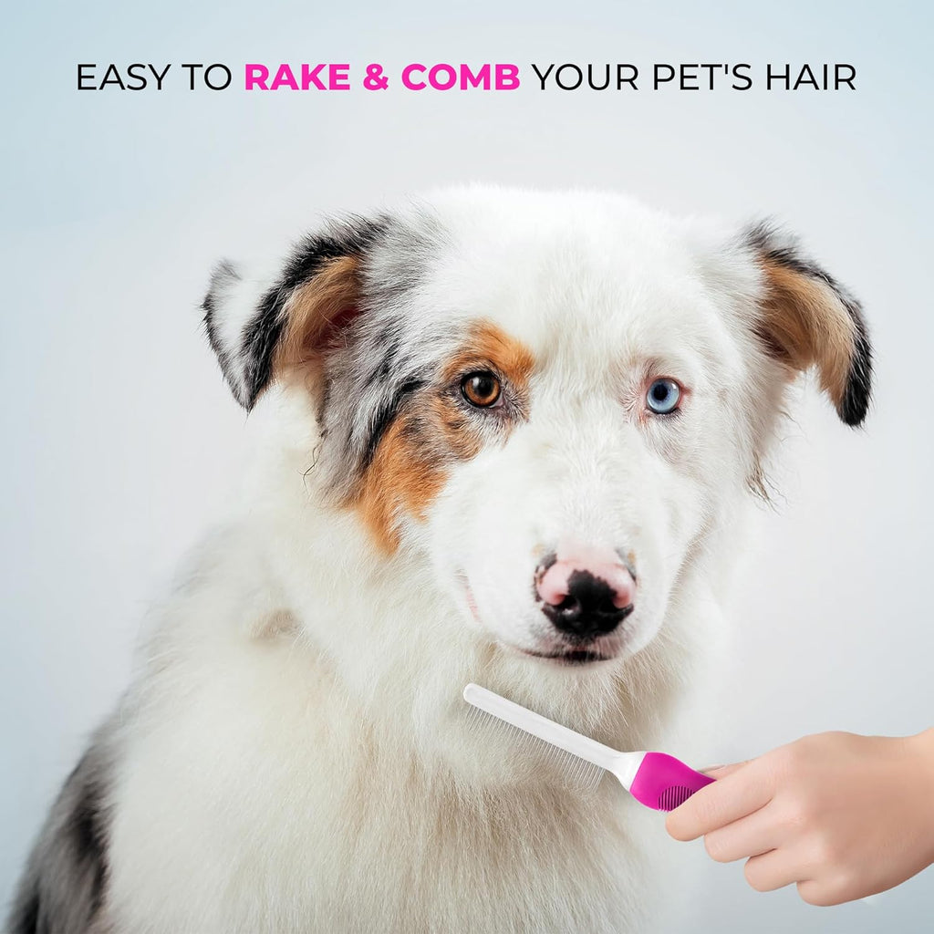 Poodle Pet Detangling Pet Comb with Long & Short Stainless Steel Teeth for Removing Matted Fur, Knots & Tangles – Detangler Tool Accessories for Safe & Gentle DIY Dog & Cat Grooming (Pink)