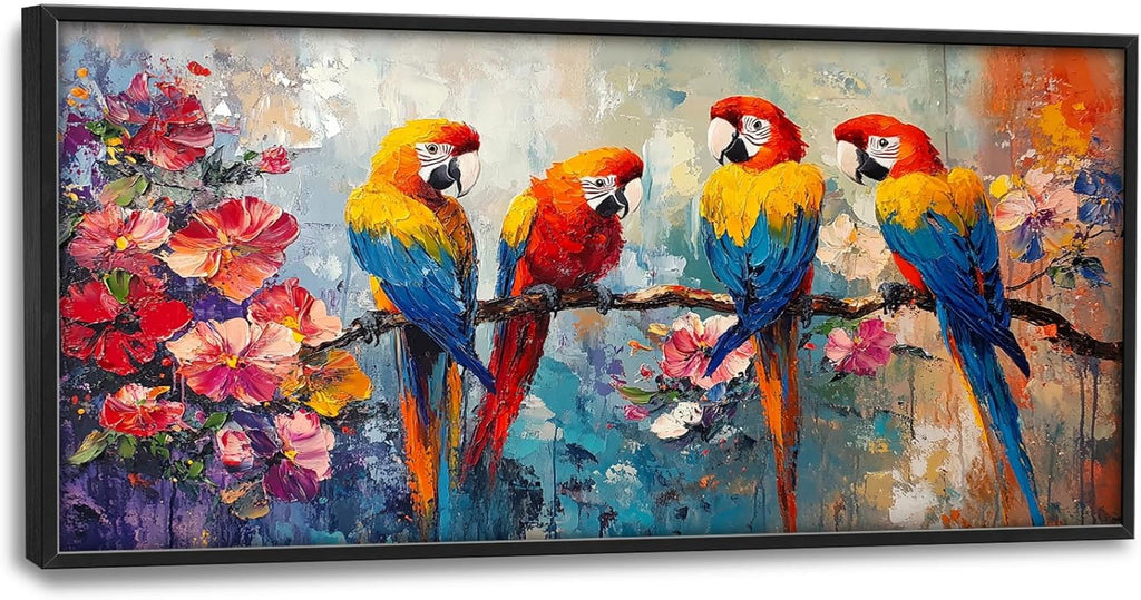 Extra Large Framed Parrot Bird Wall Art,Oversized Abstract Colorful Parrots Flower Wall Decor Pictures for Living Room,Canvas Print Painting Modern Artwork Bedroom Office Bathroom Home Decor 60L x30W
