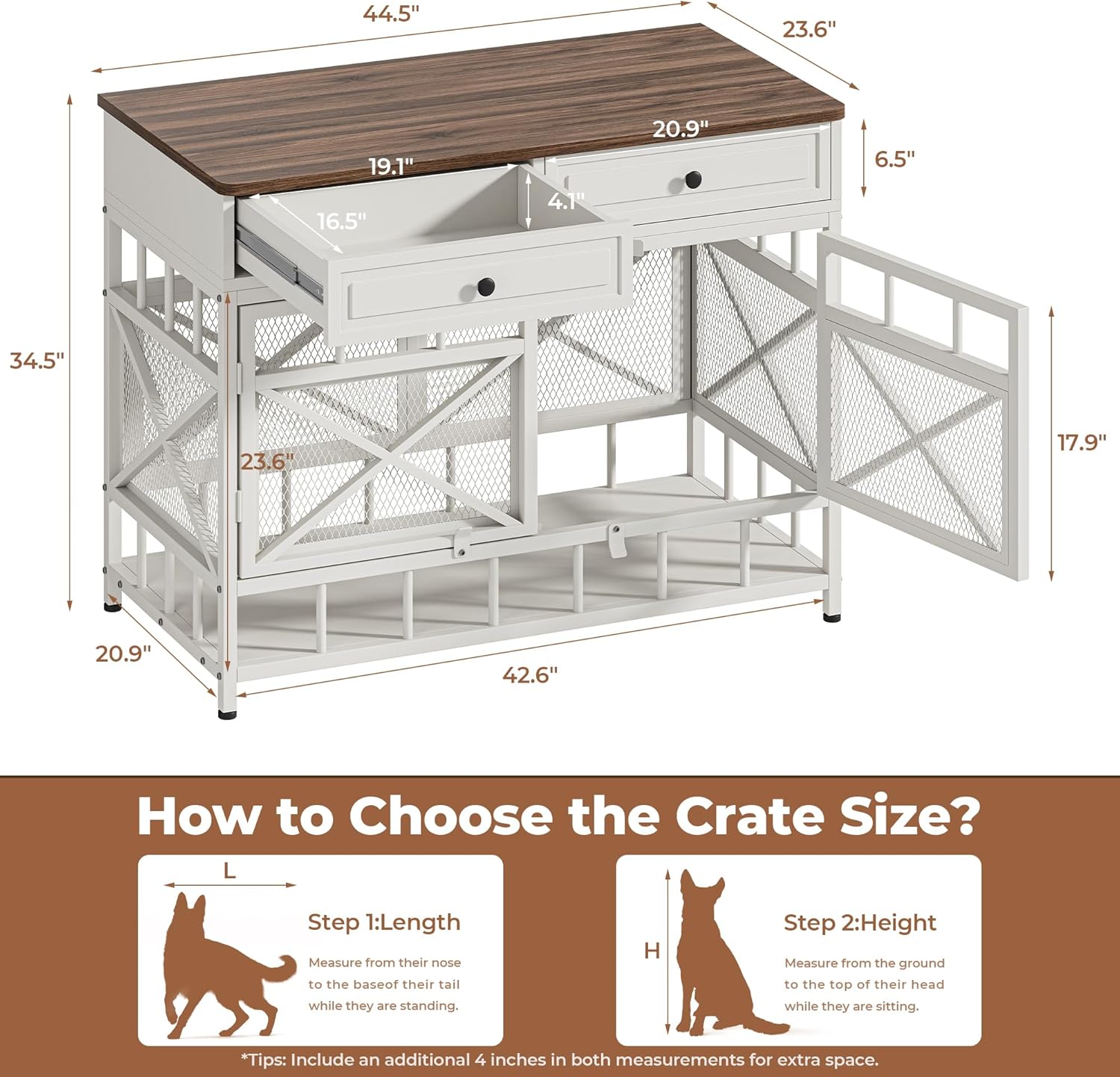 IRONCK 44 inch Large Dog Crate Furniture, Wooden Dog Kennel with Storage Drawers for Medium/Large Dogs, Decorative Dogs Kennel Indoor, White and Walnut