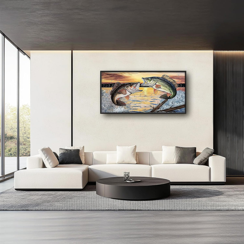 Large Fish Wall Art for Living Room, Framed Bass Fishing Wall Decor, Oversized Rustic Sunset Lake Canvas Painting Fish Pictures Modern Artwork Home Decoration for Living Room Bedroom Office 60"x30"