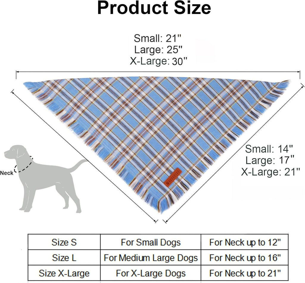 ADOGGYGO Dog Bandanas Boy with Tassels Edges, Stylish Blue Plaid Pet Scarf, Soft Cotton Fabric, Adjustable Reversible Plaid Bandanas for Medium Large Dogs (Large)