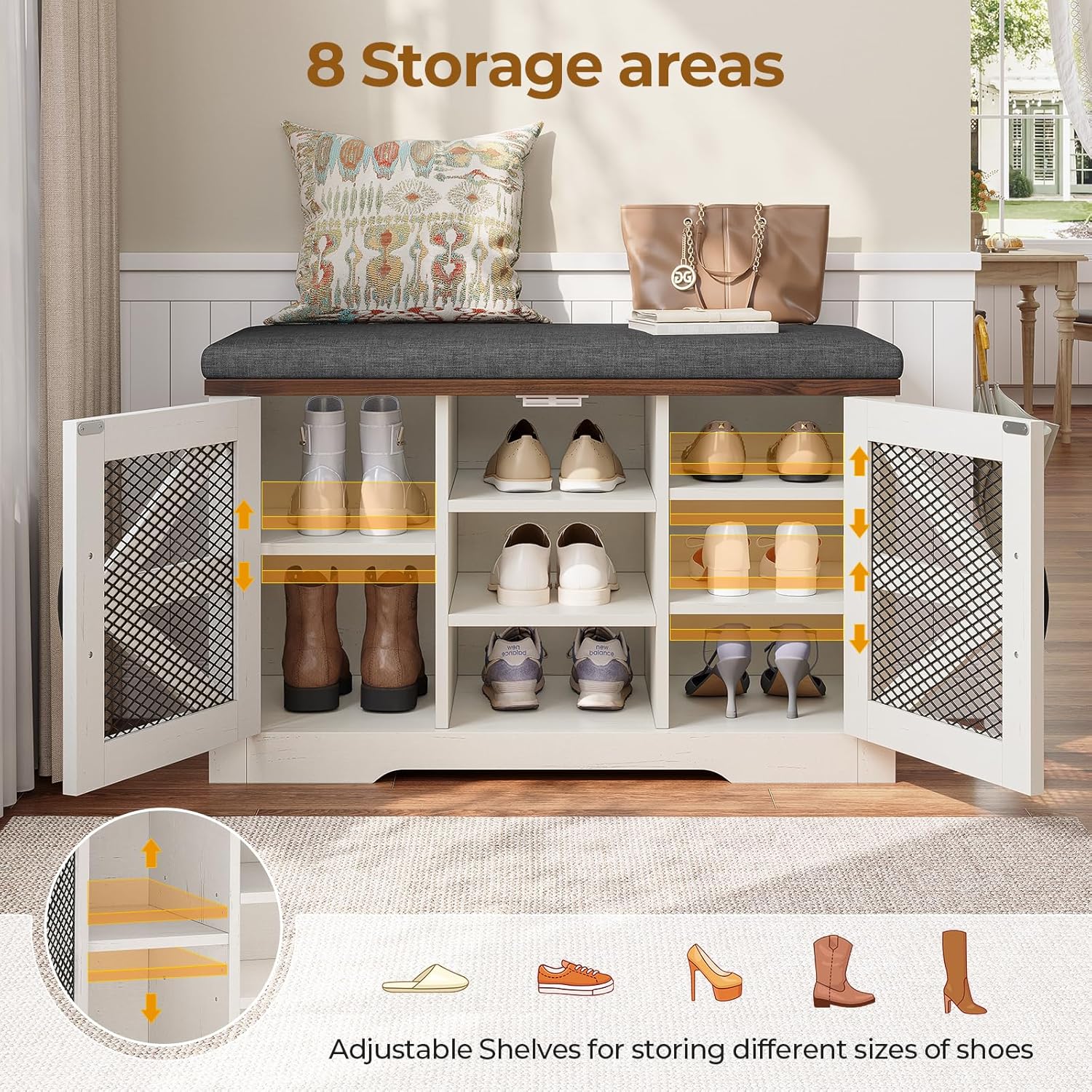 Farmhouse Storage Bench with Cushion, Metal and Wood Shoe Rack Organizer, Adjustable Shelf, Shoe Cabinet with Half Hidden Storage Space, for Entryway, Bedroom, Living Room (Old White, 31.4in)