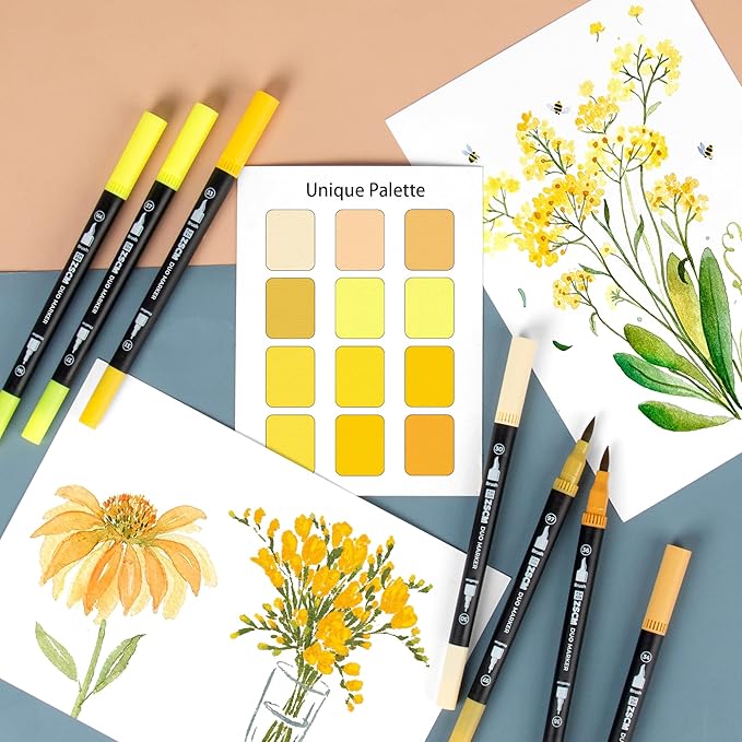 Yellow Duo Tip Marker Pens, 12 Pack Fine & Brush Markers for Adult Coloring Books No Bleeding, Sunshine Yellow Markers for Summer Themes, Sunflower Art, Energetic Accents and Happy Doodles