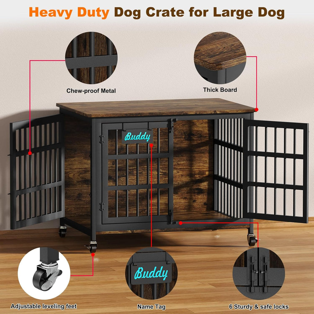 EasyCom 41"/33"/27" Dog Crate Furniture with Name Tag, Heavy Duty Dog Kennel Indoor for Medium Dogs, Double-Doors Sturdy Metal Dog Cage for Anxiety Dog, Decorate House as TV Stand, End Table