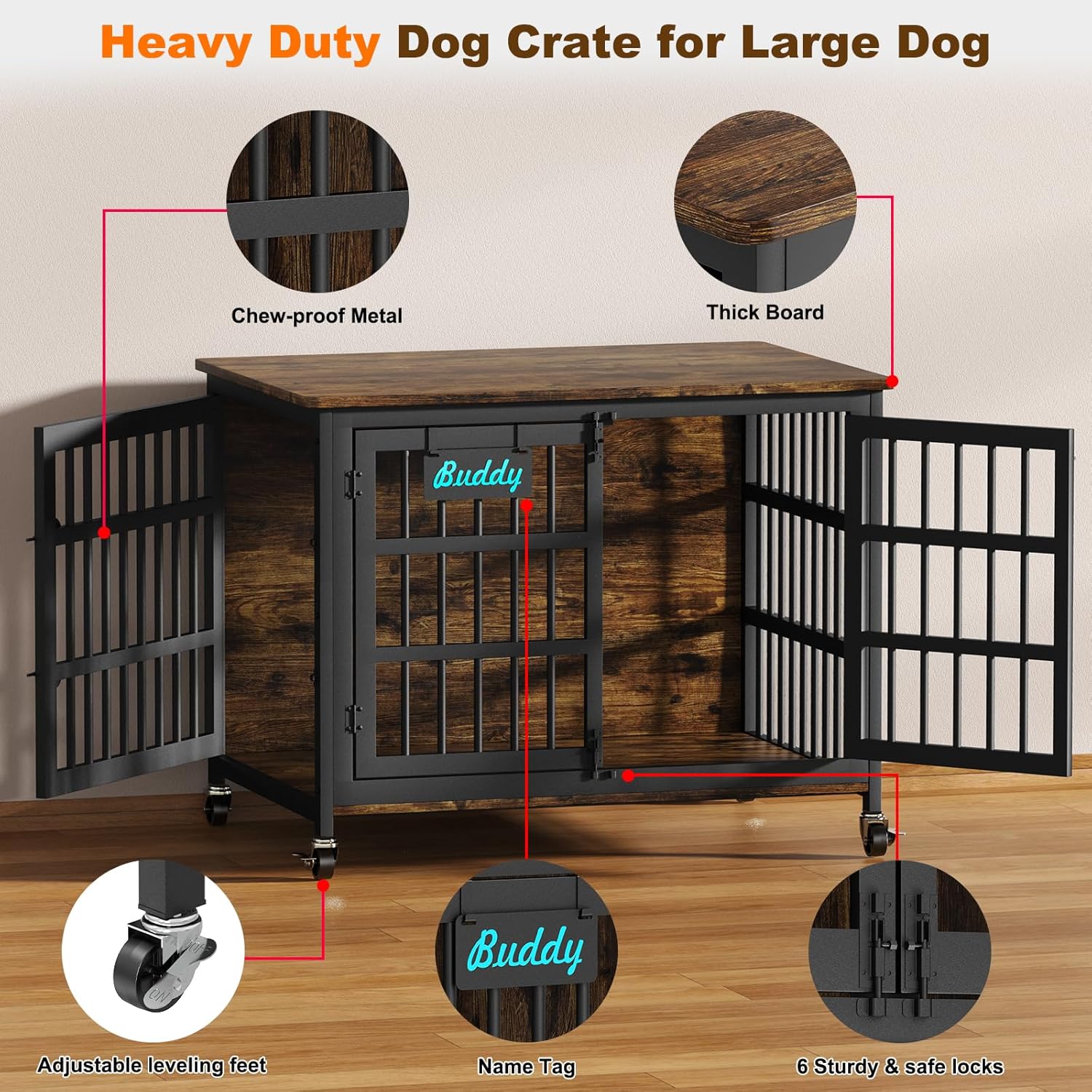EasyCom 41"/33"/27" Dog Crate Furniture with Name Tag, Heavy Duty Dog Kennel Indoor for Medium Dogs, Double-Doors Sturdy Metal Dog Cage for Anxiety Dog, Decorate House as TV Stand, End Table