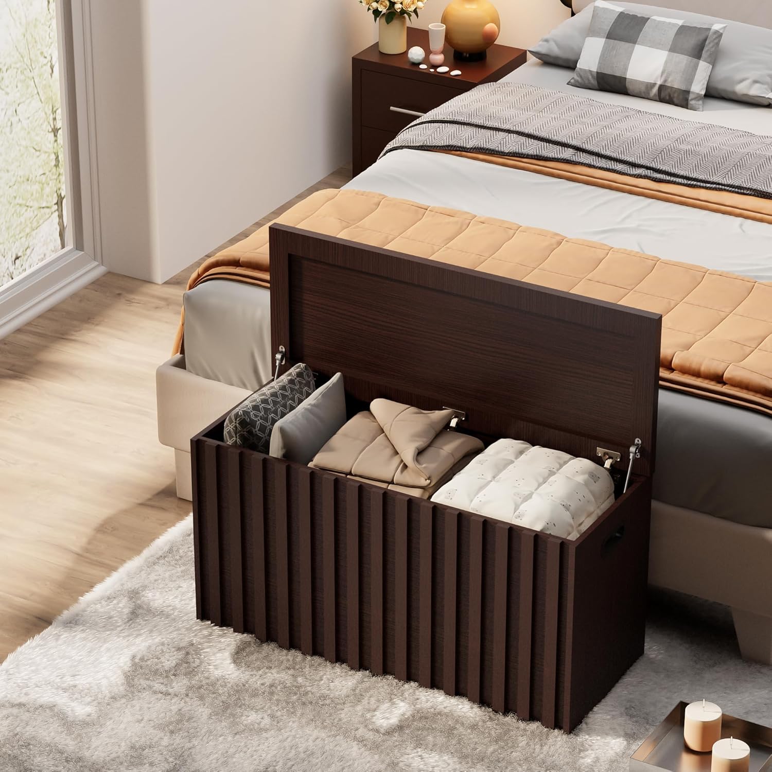 UEV Storage Bench,39.4" Wood Box, Storage Trunk with 2 Safety Hinges, Ottoman Storage Chest, Fluted Storage Bench for Bedroom, Entryway, Living Room (Walnut)