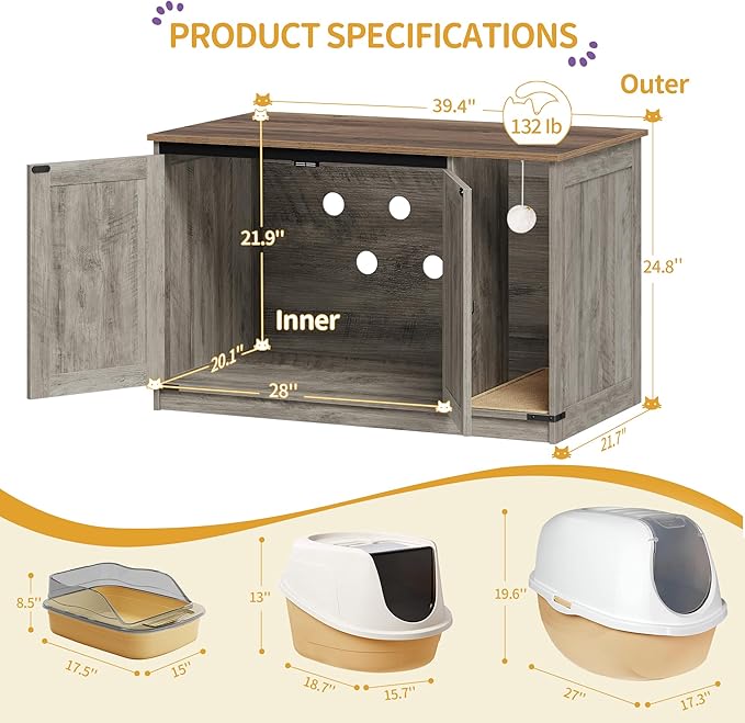 Hzuaneri Cat Litter Box Enclosure, Hidden Litter Box Cabinet Furniture - Image 4