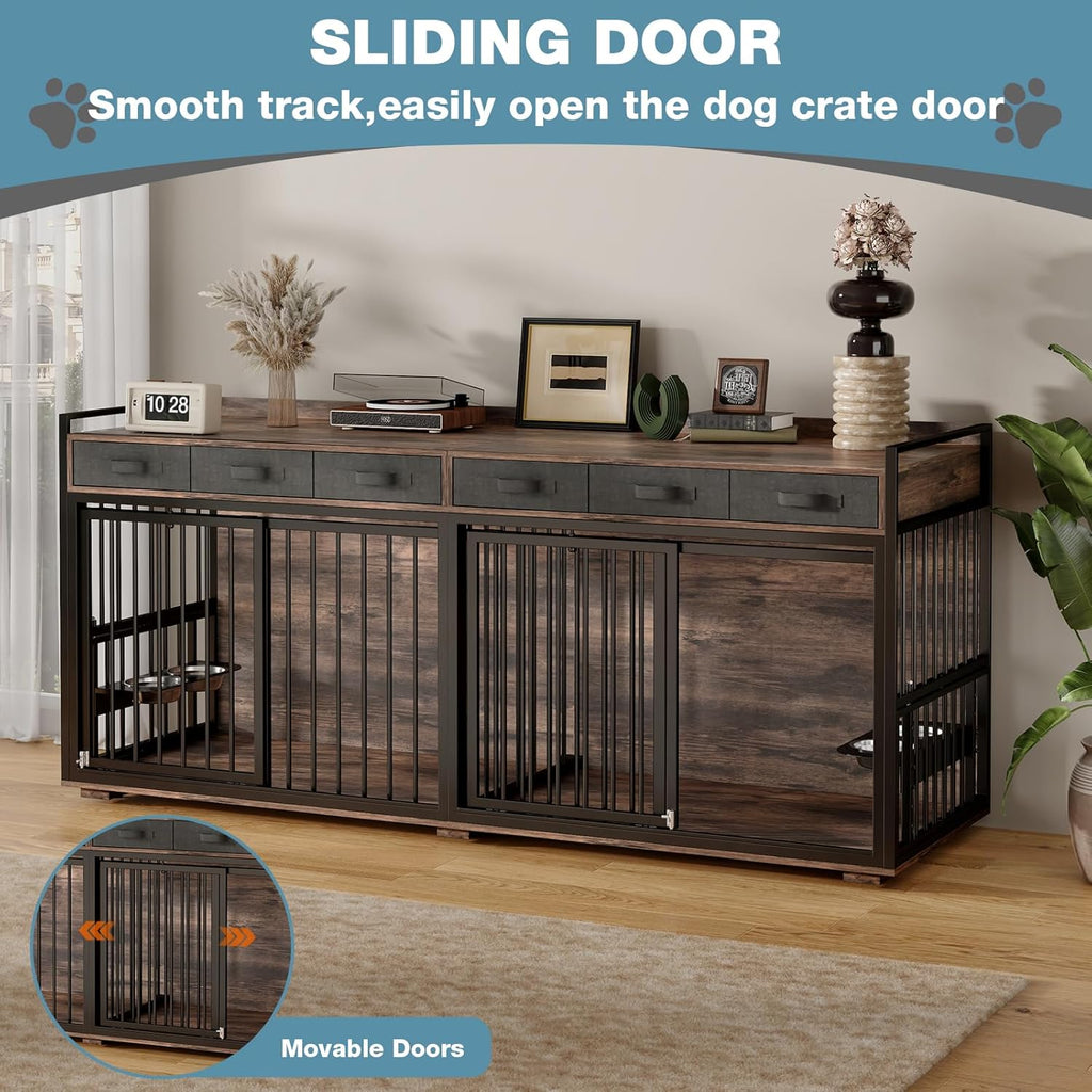 86.6Inch Large Double Dog Crate Furniture,Heavy Duty Metal Frame Dog Crate Kennel with Adjustable Feeder Bowls and Removable Divider&Drawers,Chew-Resistant Dog Kennel for 2 Dogs Indoor