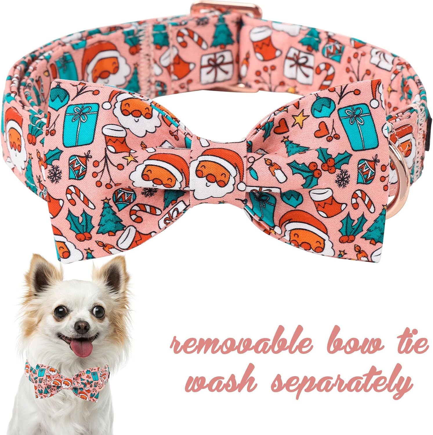 Unique Style Paws Christmas Day Dog Collar with Bow Pink Christmas Man Cotton Puppy Collars for Small Medium Large Dogs