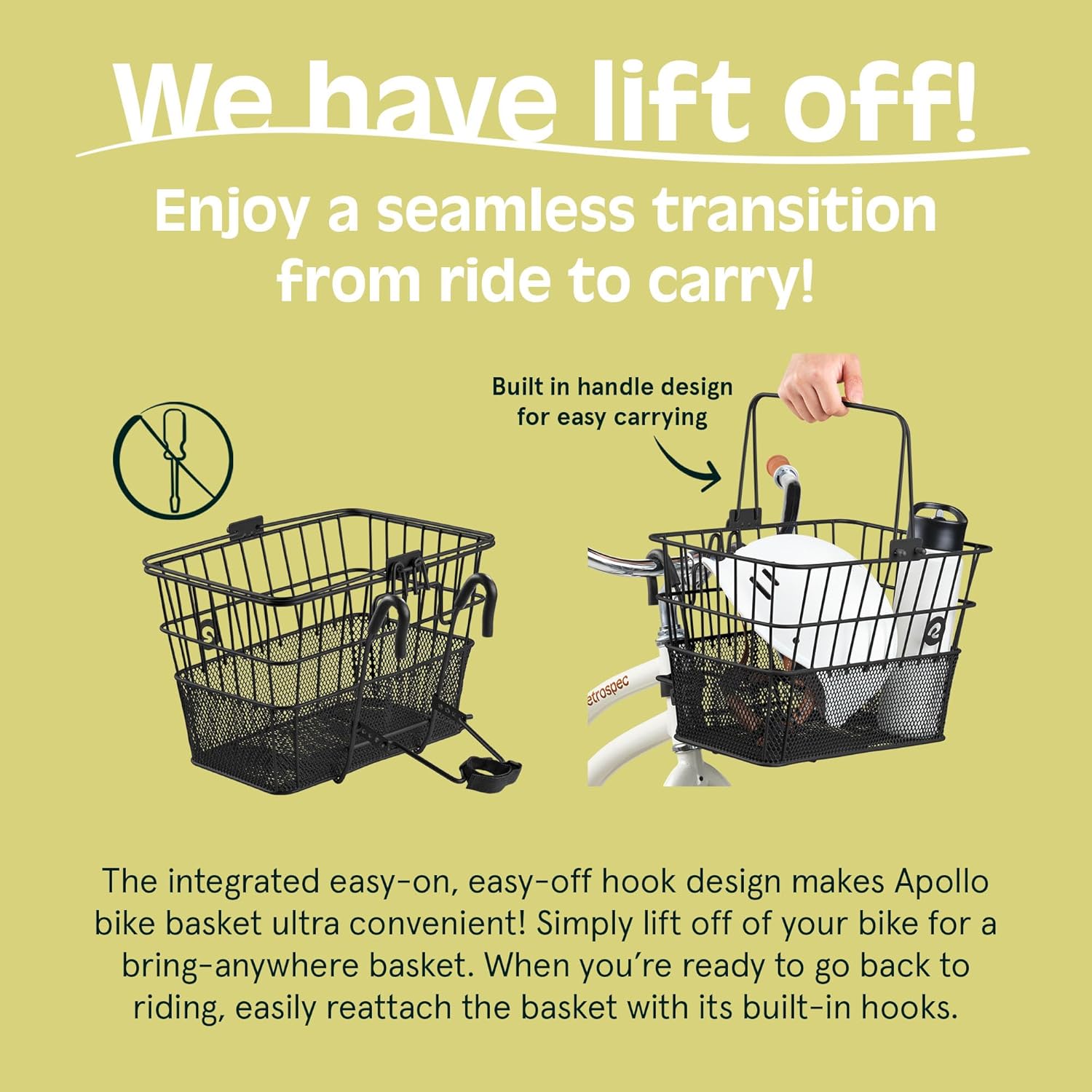 Retrospec Apollo Detachable Front Bike Basket Steel Half-Mesh with Integrated Detachable Hooks and Built-In Handle, Easy Assembly and Portability for Bicycles