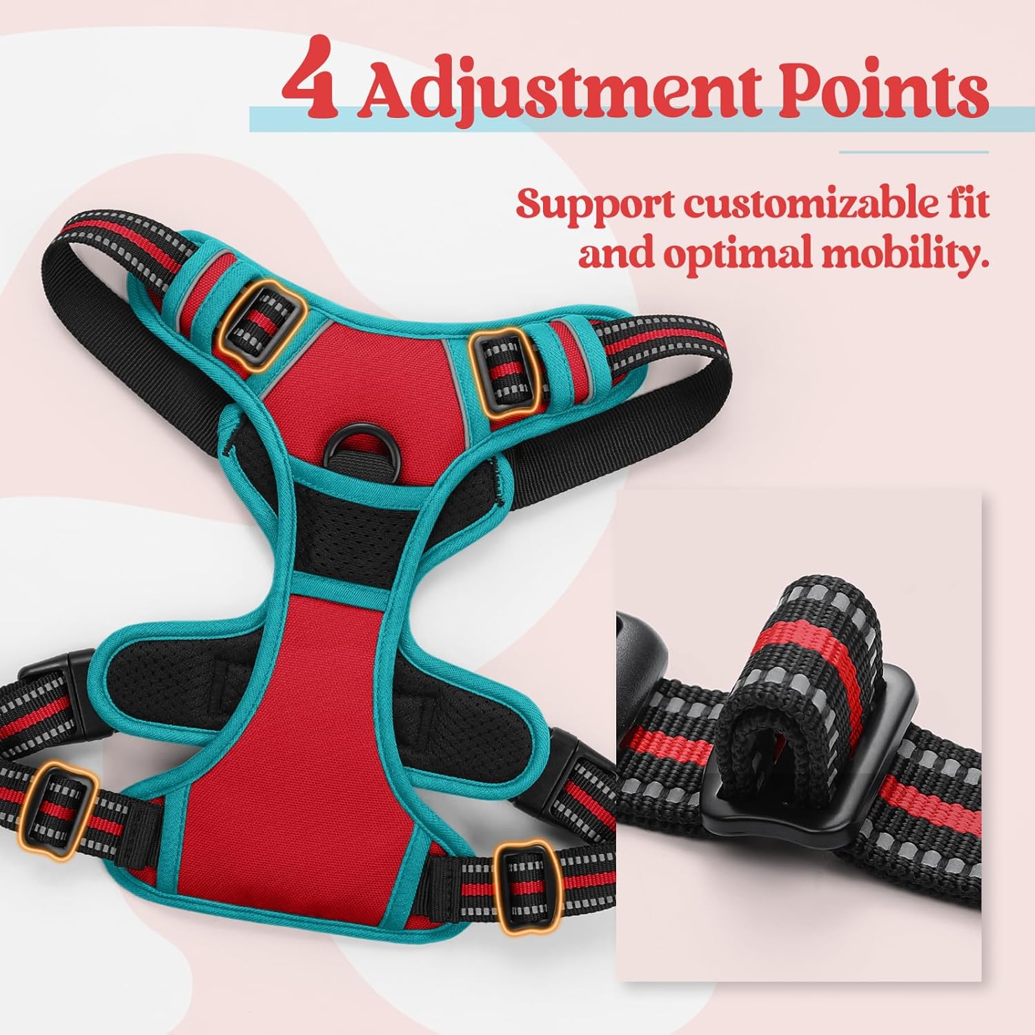 rabbitgoo Dog Harness No Pull with 2 Leash Clips, Adjustable Soft Padded, Reflective Oxford No Choke Pet Vest with Easy Control Handle for Large Dogs, Red & Teal, L