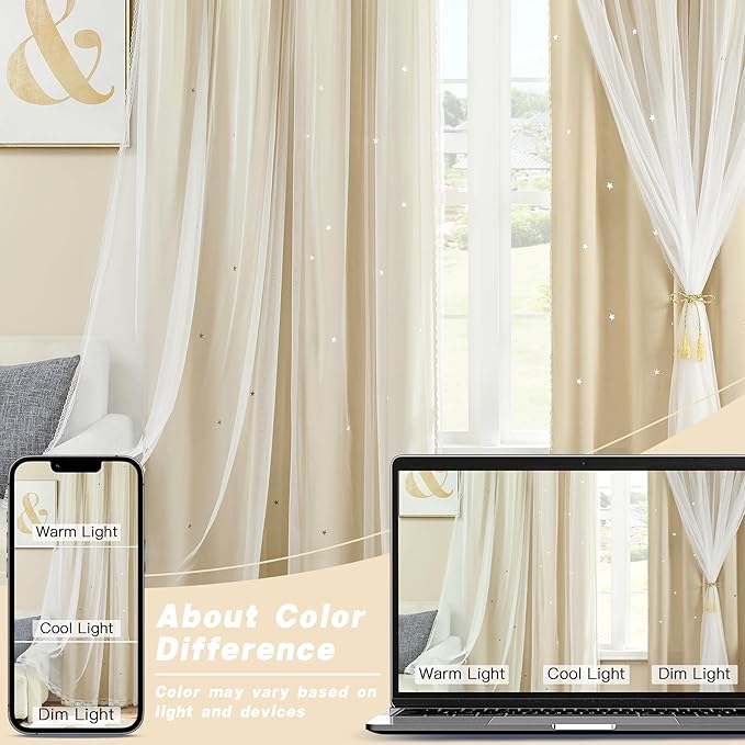 XiDi Beige Curtains with Sheer Overlay for Living Room Bedroom 2 Panels Star Hollow Out 80% Blackout Double Layer Curtains for Kids Girls Room Darkening Grommet Window Drapes with Tiebacks W52 X L63