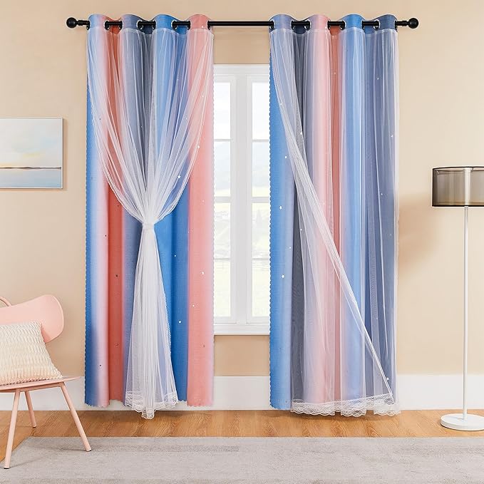 XiDi Girls Curtains for Bedroom 96 Inches Long 2 Panels Pink Grey Blue Rainbow Blackout Curtains for Little Girl Kids Room Decor Living Room, Princess Unicorn Wall Decals Drapes 52x96