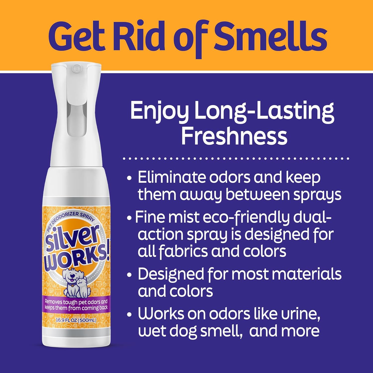Pet Odor Eliminator Spray For Home - Safe, Natural, Silver Ion Deodorizer - Cat, Dog Smell And Urine Odor Eliminator For Carpet, Furniture And Litter -16.9oz
