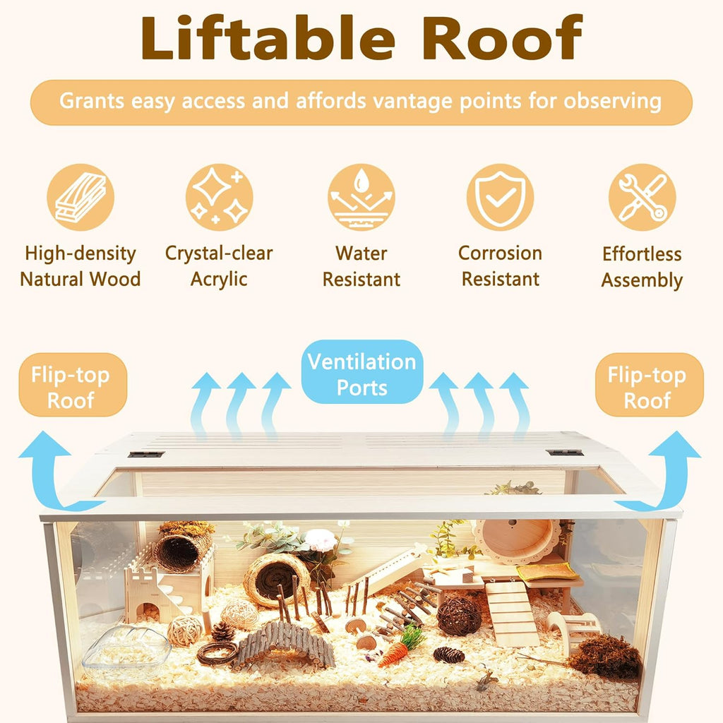 Prolee Hamster Cage Wooden Chew Proof, Extra Large Mice and Rat Habitat Openable Top with Acrylic Sheets Solid Built Small Animal Cage with Leg Stands, 48 Inch Long