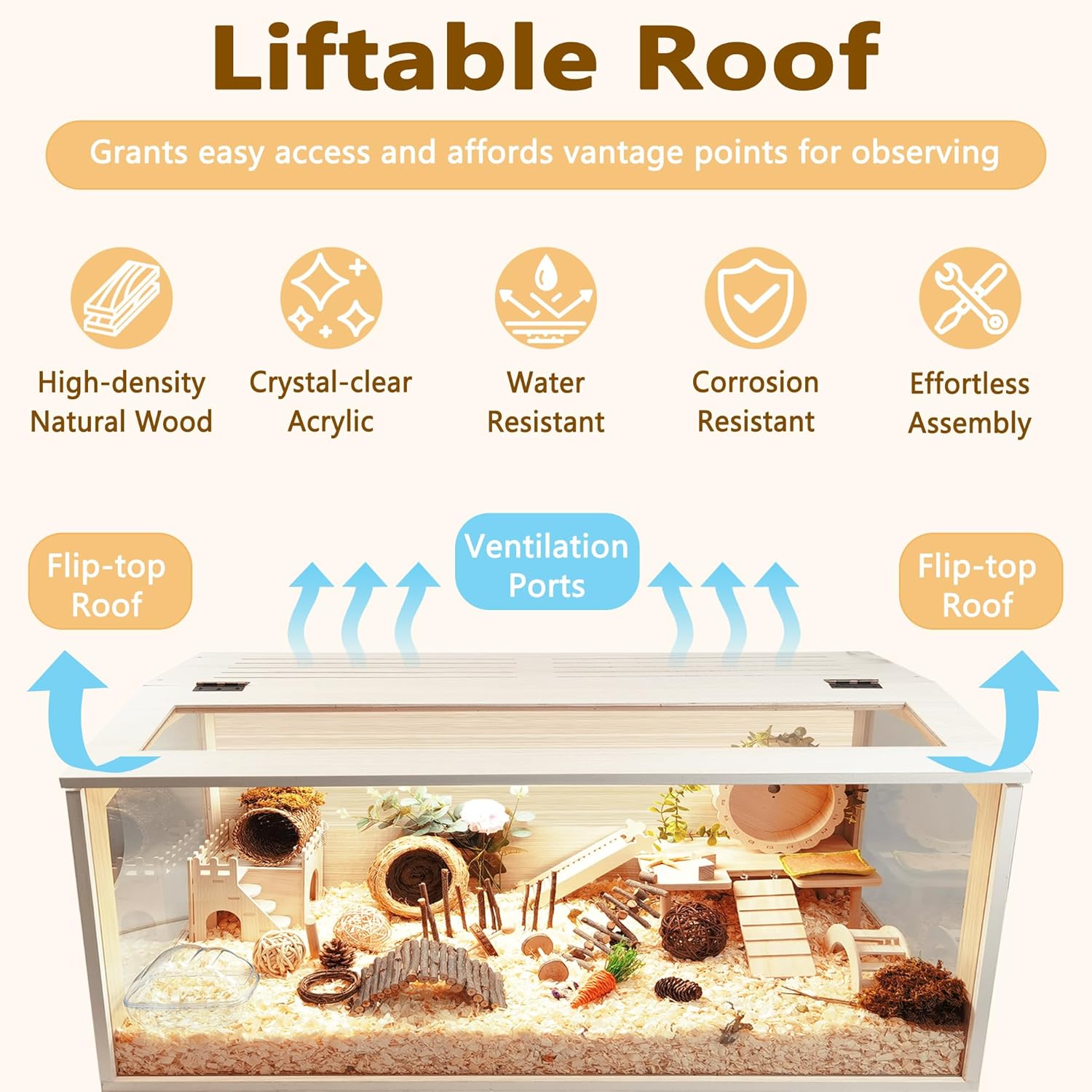 Prolee Hamster Cage Wooden Chew Proof, Extra Large Mice and Rat Habitat Openable Top with Acrylic Sheets Solid Built Small Animal Cage with Leg Stands, 48 Inch Long