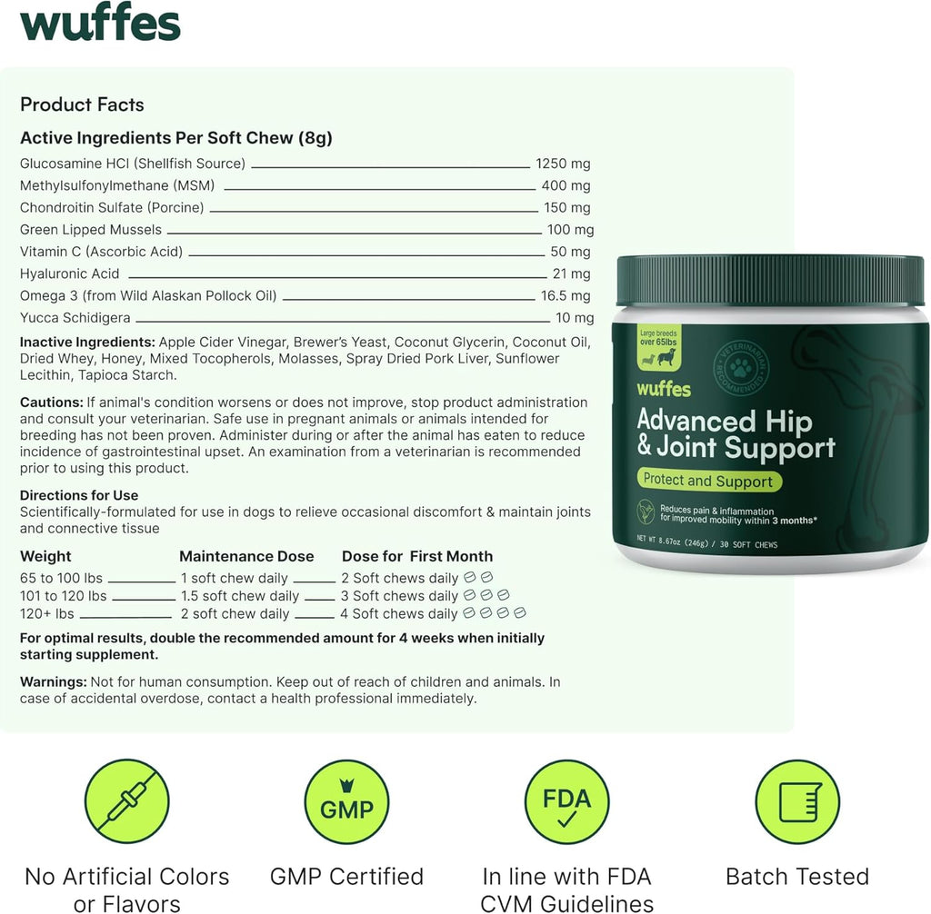Wuffes Chewable Dog Hip & Joint Supplement - Glucosamine & Chondroitin Chews - Dog Joint Supplements & Vitamins - Extended Joint Care (Large Breed (Over 65 lbs), 90 Chews (Pack of 3))