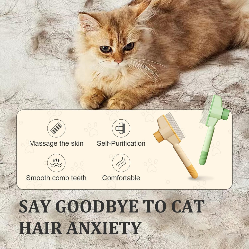 2-Pack Pet Hair Removal Comb & Flea Comb with Release Button for Cats & Dogs - Grooming Brush for Short/Long Hair Green & Yellow