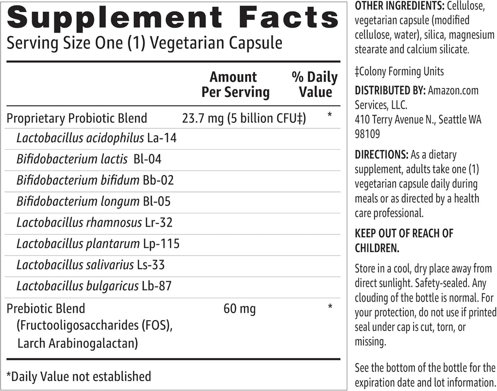 Amazon Basics Probiotic 5 Billion CFU, 8 Probiotic strains with 60 mg Prebiotic Blend, 60 Count Vegetarian Capsules, 2 Month Supply, Supports Healthy Digestion (Previously Solimo) (Pack of 2)