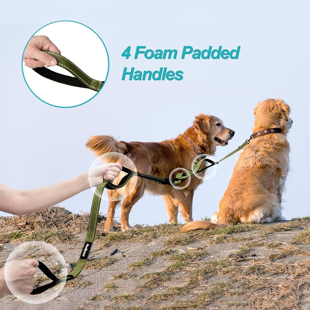 PetBonus Double Dog Leash, No Tangle Dual Leash, Reflective Walking Training Lead, 4 Comfortable Padded Handles for 2 Dogs with Collapsible Bowl and Waste Bags (Army Green, Large)