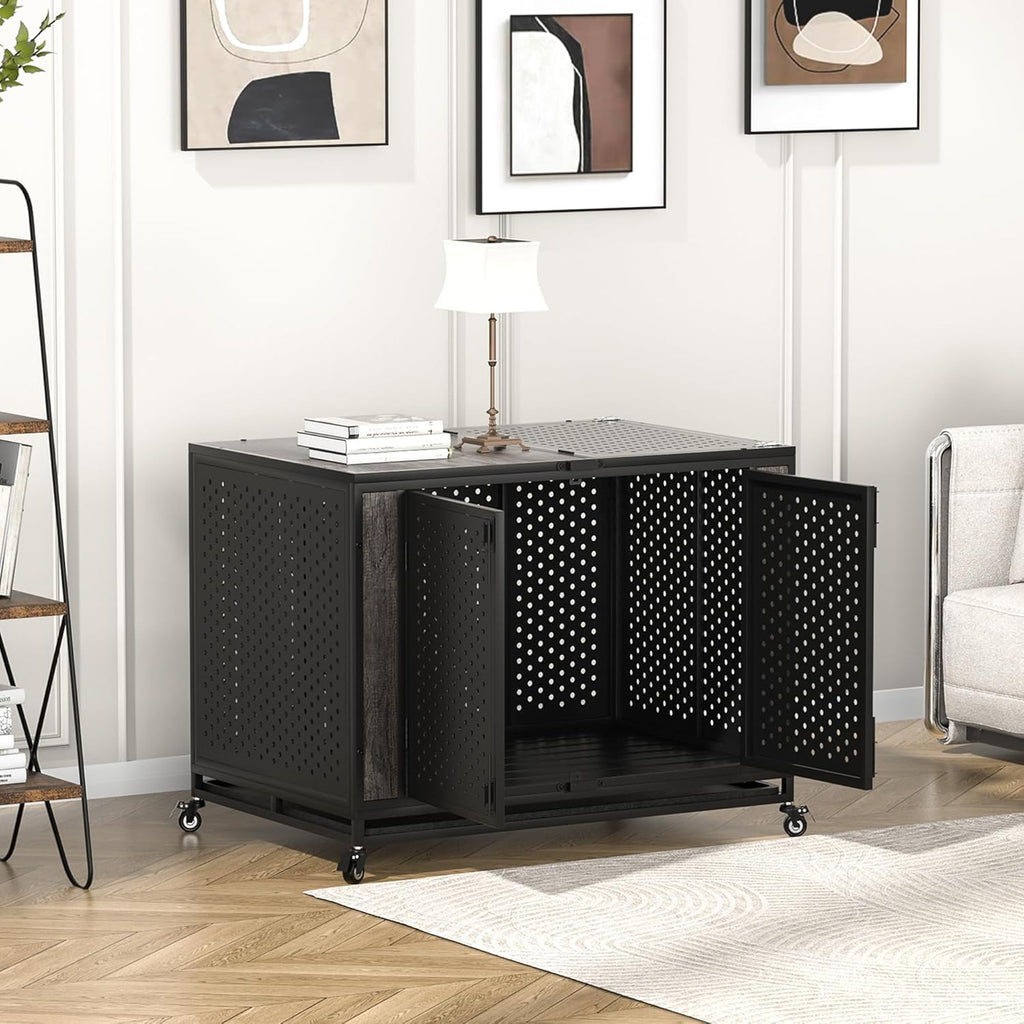 42" Heavy Duty Dog Crate Furniture for Medium and Large Dogs, Enclosed Design with 0.5 inch Holes, Indestructible Metal Kennel for High Anxiety Dogs, Chew Proof Indoor Pet House Cage, Gray