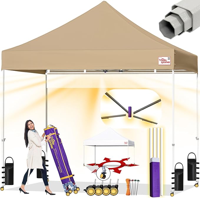 Tradesparker 10x10 Pop Up Canopy Tent,Commercial Movable Canopy with ApexCore LED & Rugged Casters-Instant Easy Setup Shelter Canopies with Weight Bags & Stakes for Oudoor Events Markets Vendors,Beige