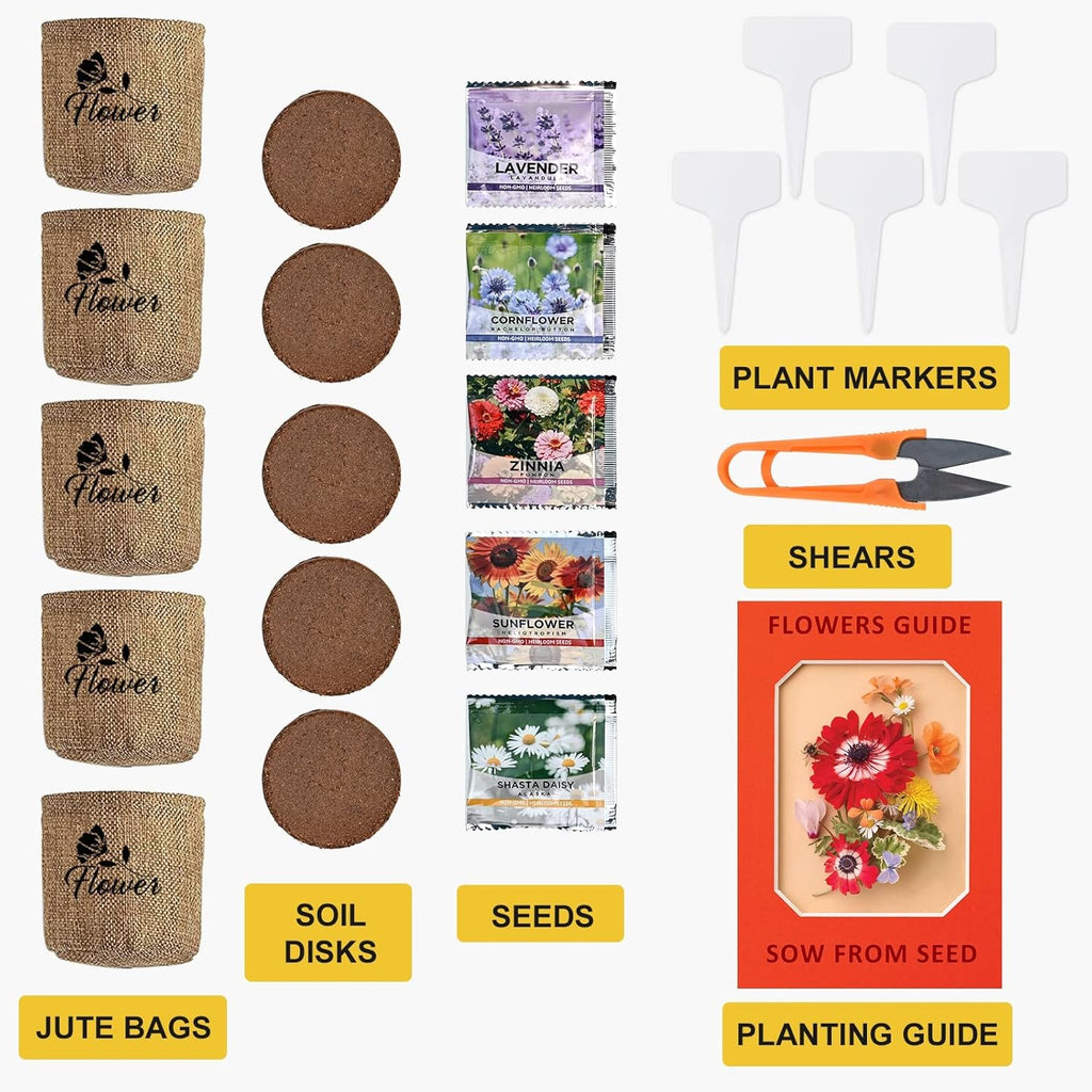 Indoor Daisy Garden Starter Kit with Gardening Tools - Jute Bags, Markers, Soil Disks and Shears, Home Gardening Gifts for Women Men Plant Lovers