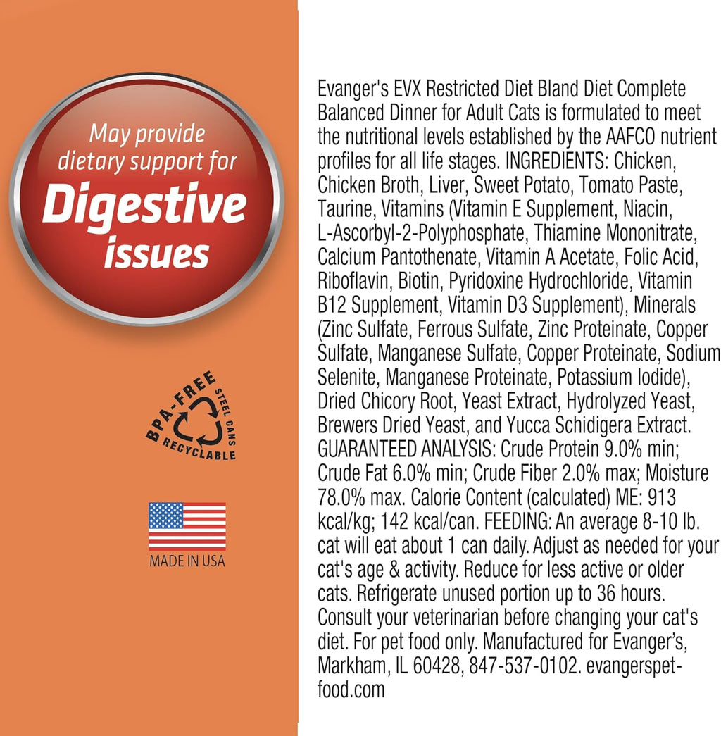 Evanger's EVX Restricted Diet Bland Diet Canned Cat Food – 24 Count, 5.5 oz Each – Chicken & Sweet Potato Recipe with Prebiotics & Postbiotics for Digestive, Microbiome & Gut Health Support