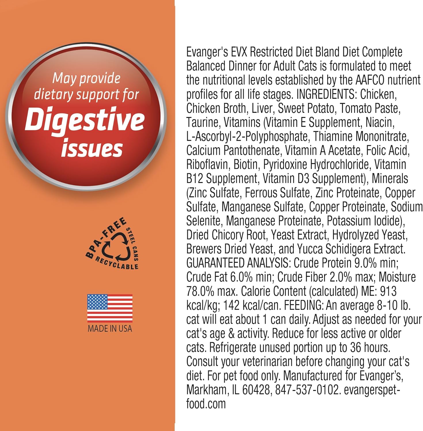 Evanger's EVX Restricted Diet Bland Diet Canned Cat Food – 24 Count, 5.5 oz Each – Chicken & Sweet Potato Recipe with Prebiotics & Postbiotics for Digestive, Microbiome & Gut Health Support