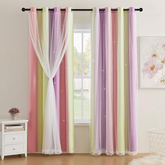 XiDi Girls Curtains for Bedroom 96 Inches Long 2 Panels Pink Yellow Purple Rainbow Blackout Curtains for Little Girl Kids Room Decor Living Room, Princess Unicorn Wall Decals Grommet Drapes 34x96