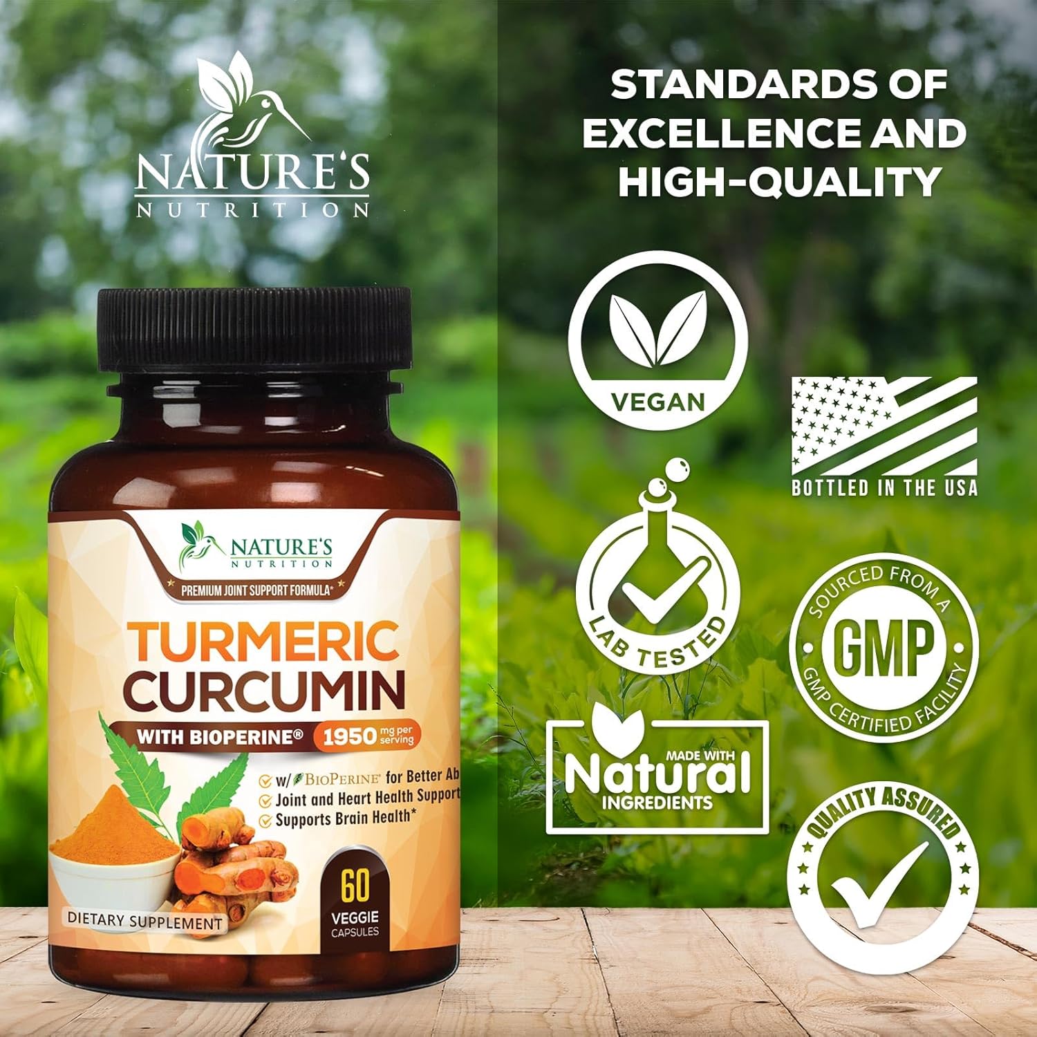 Turmeric Curcumin Supplement 1950mg - 95% Curcuminoids with Organic Turmeric & BioPerine Black Pepper Extract for Best Absorption, Nature's Vegan Joint Support, Non-GMO, Bottled in USA - 60 Capsules
