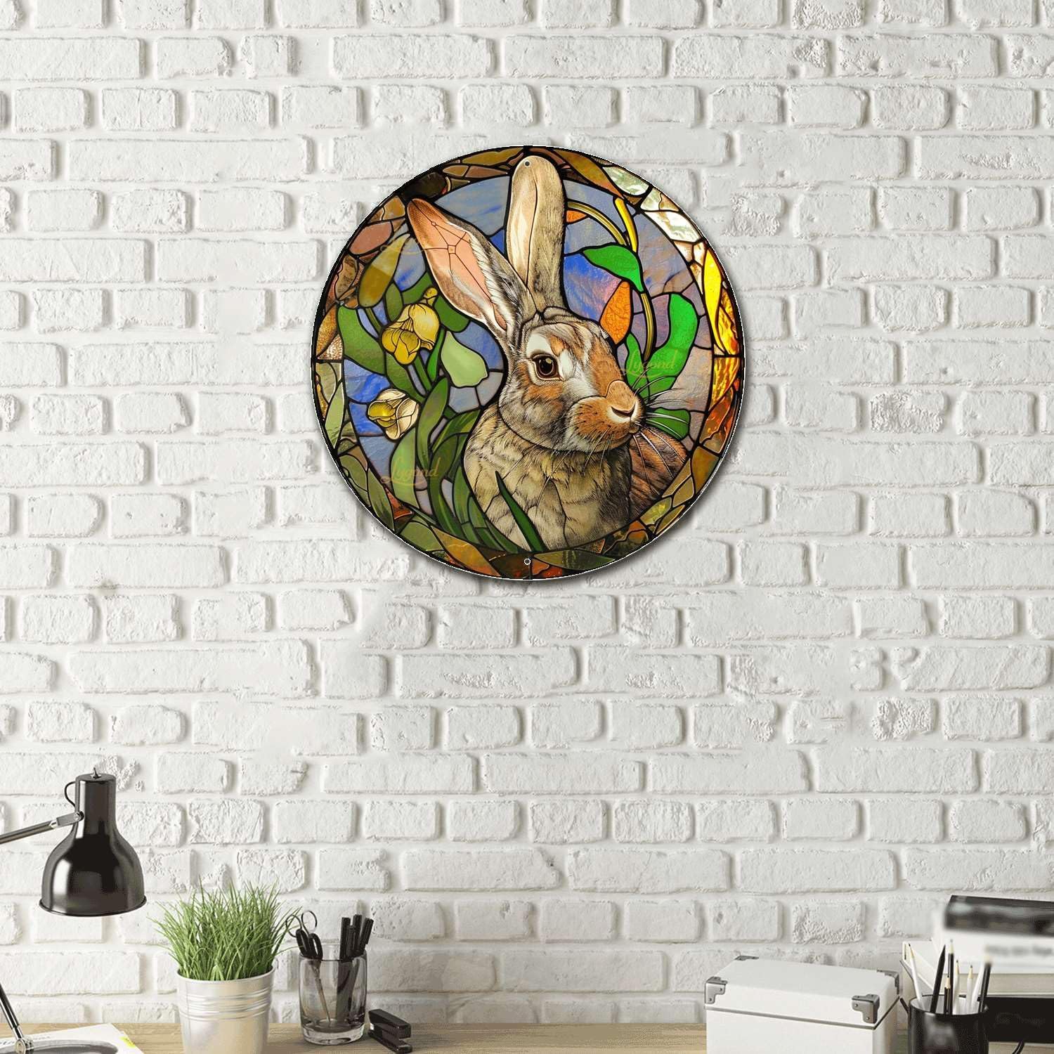 Lygond Metal Sign Tin Sign Circular Stained Glass Rabbit Metal Garden Sign for Pet 12×12 Inches