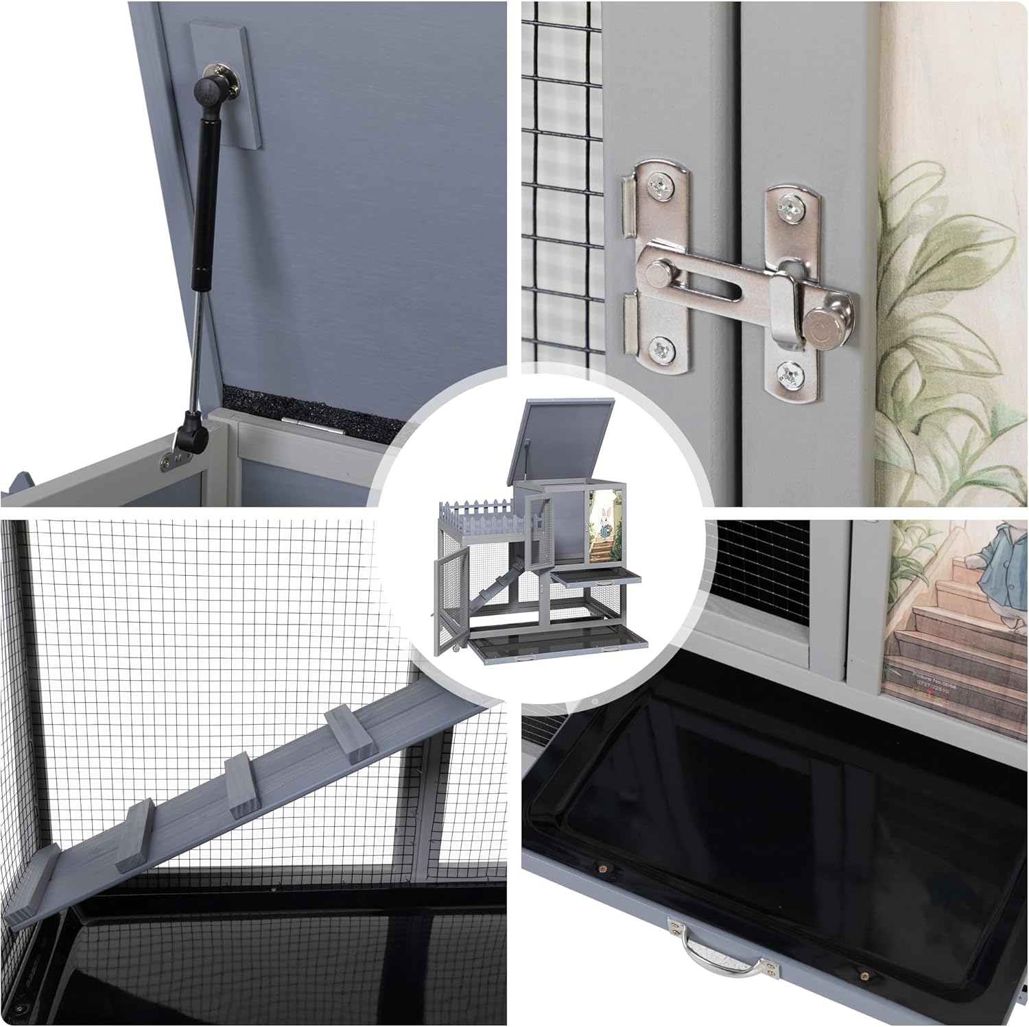 Wood Rabbit Hutch with Balcony - Small Animal House Bunny Cage on Wheels for Indoor Outdoor, Rabbit Cage Included Ramp, Pull Out Tray, (Grey with Pattern)