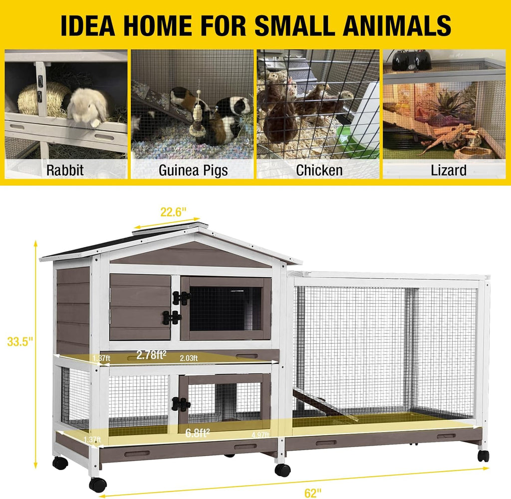 Aivituvin Rabbit Hutch 62" Rabbit Cage Indoor Outdoor Chicken Coop Guinea Pig Cage on Wheels Bunny Cage with 3 Deep No Leakage Pull Out Tray,Waterproof Roof (Brown)