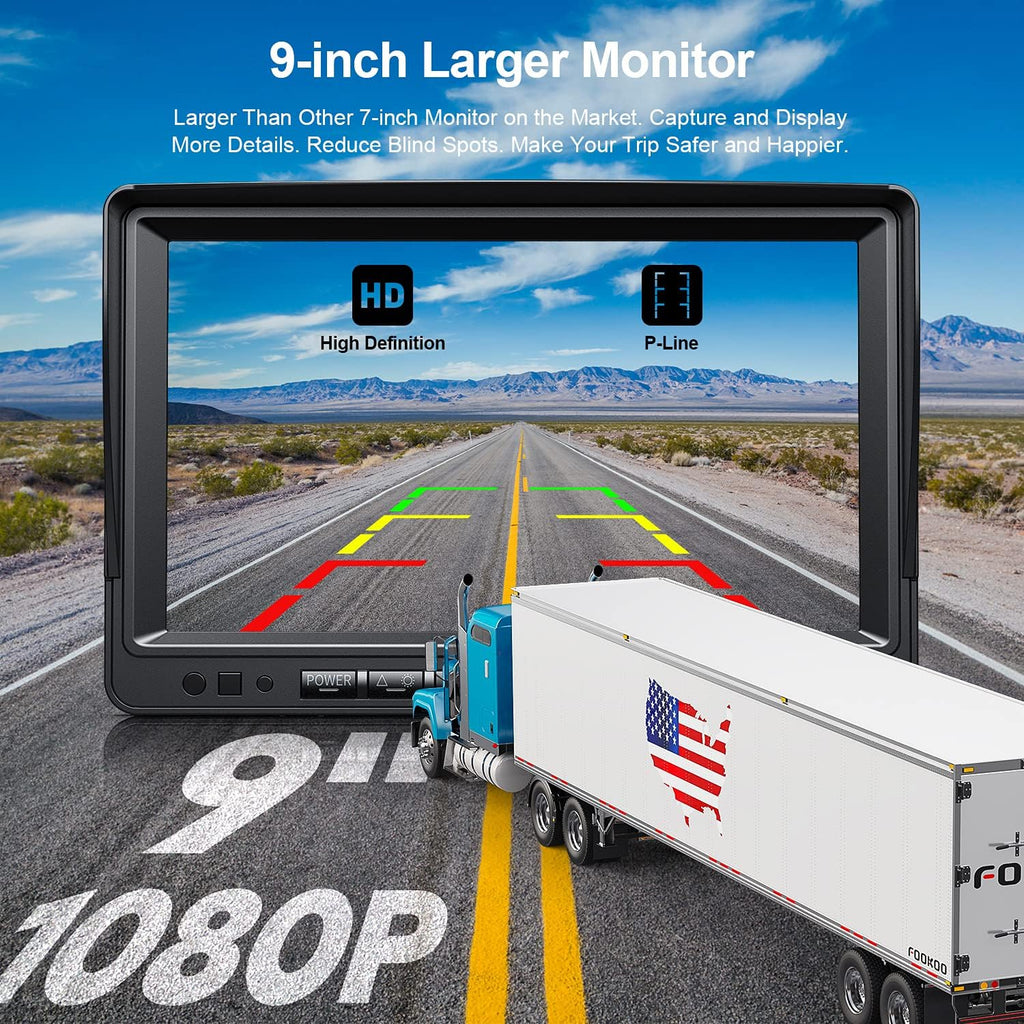 Fookoo HD 1080P 9" Wireless Backup Camera System, 9-inch Dual/Quad Split Monitor w/Recording, Supports 4 Cameras, IP69 Waterproof Rear View Cam Parking Lines 32GB SD Card for RV/Trailer/Truck(DW901)