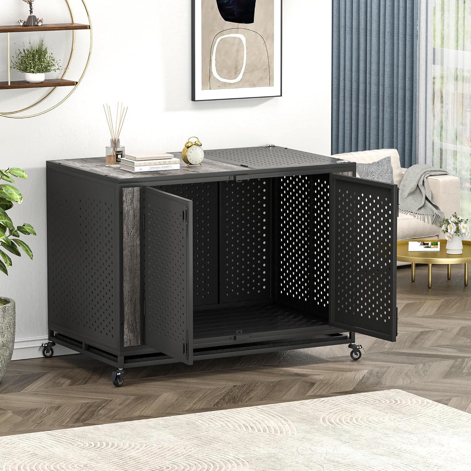 48" Heavy Duty Dog Crate Furniture for Extra Large Dogs, Enclosed Design with 0.5 inch Holes, Indestructible Metal Kennel for High Anxiety Dogs, Chew Proof Pet House Cage Indoor, Gray