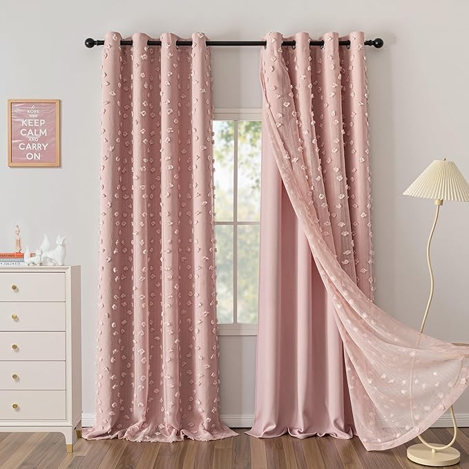 MYSKY HOME Pink Curtains for Bedroom 90 Inches Long Living Room Curtain with Pink Pom Pom Sheer for Dining Room Grommet Double Layer Nursery Curtain Drapes Room Darkening Window Panels 52 Wide