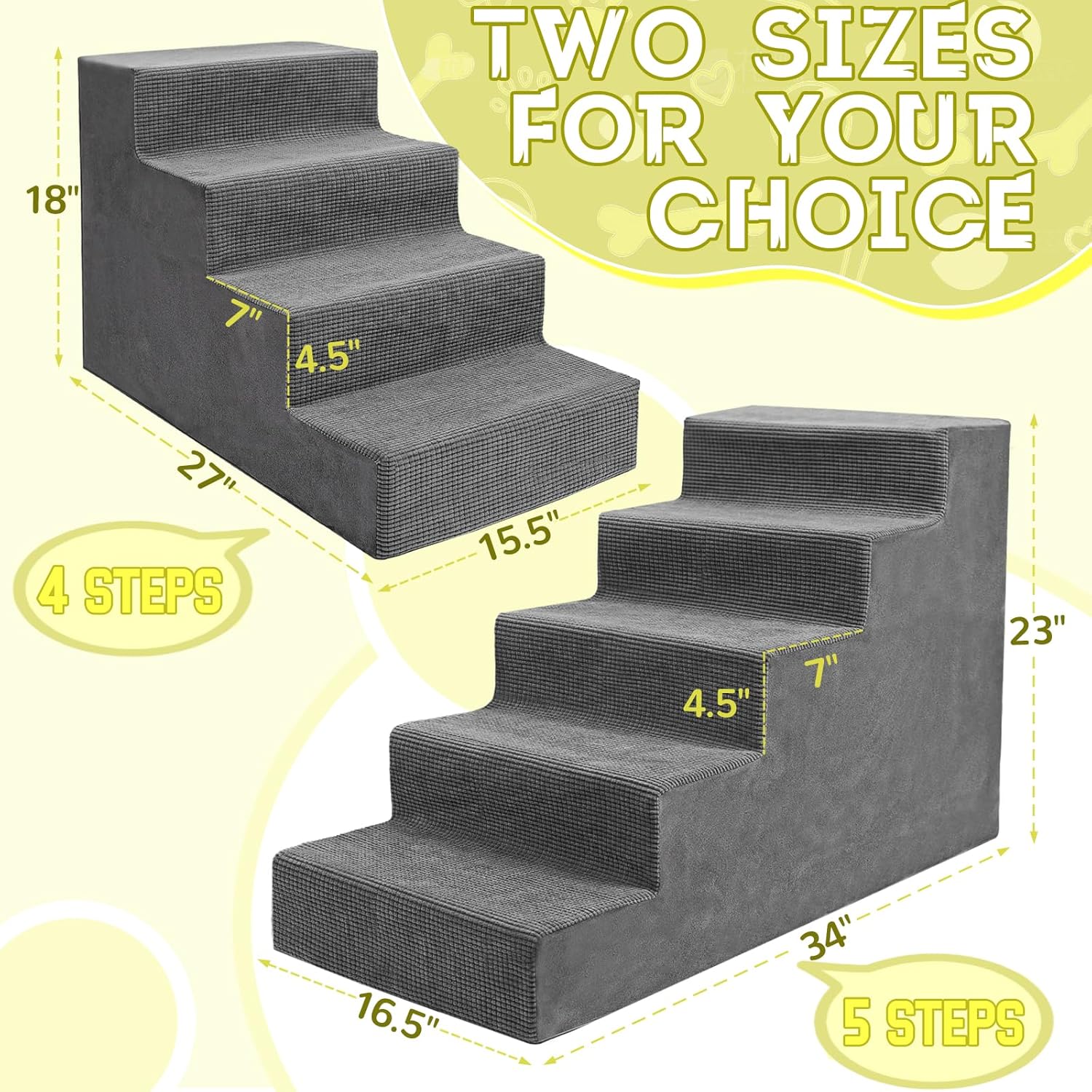 Niubya Dog Stairs for Small Dog and Cats,23”H Non-Slip Bottom Pet Steps for High Beds and Couch,High-Density Foam Pet Stairs Grey,5 Steps