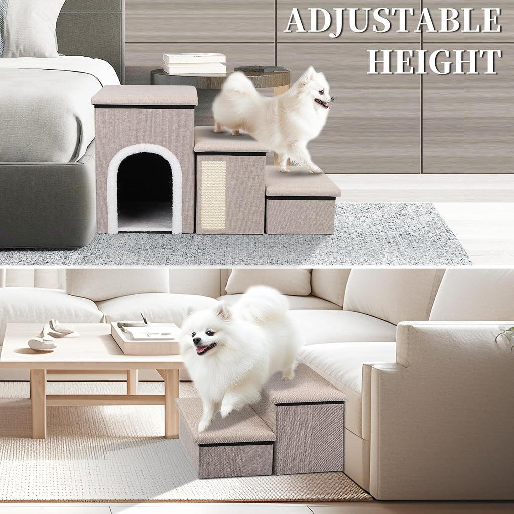 Dog Steps for Bed and Couch, 17”H Foldable Dog Stairs for Small Older Dogs Cats, Adjustable Pet Cat Stairs Ramps with Storage with Condo, Scratcher, Hold Up to 180LBS, Pet Cat Steps Beige