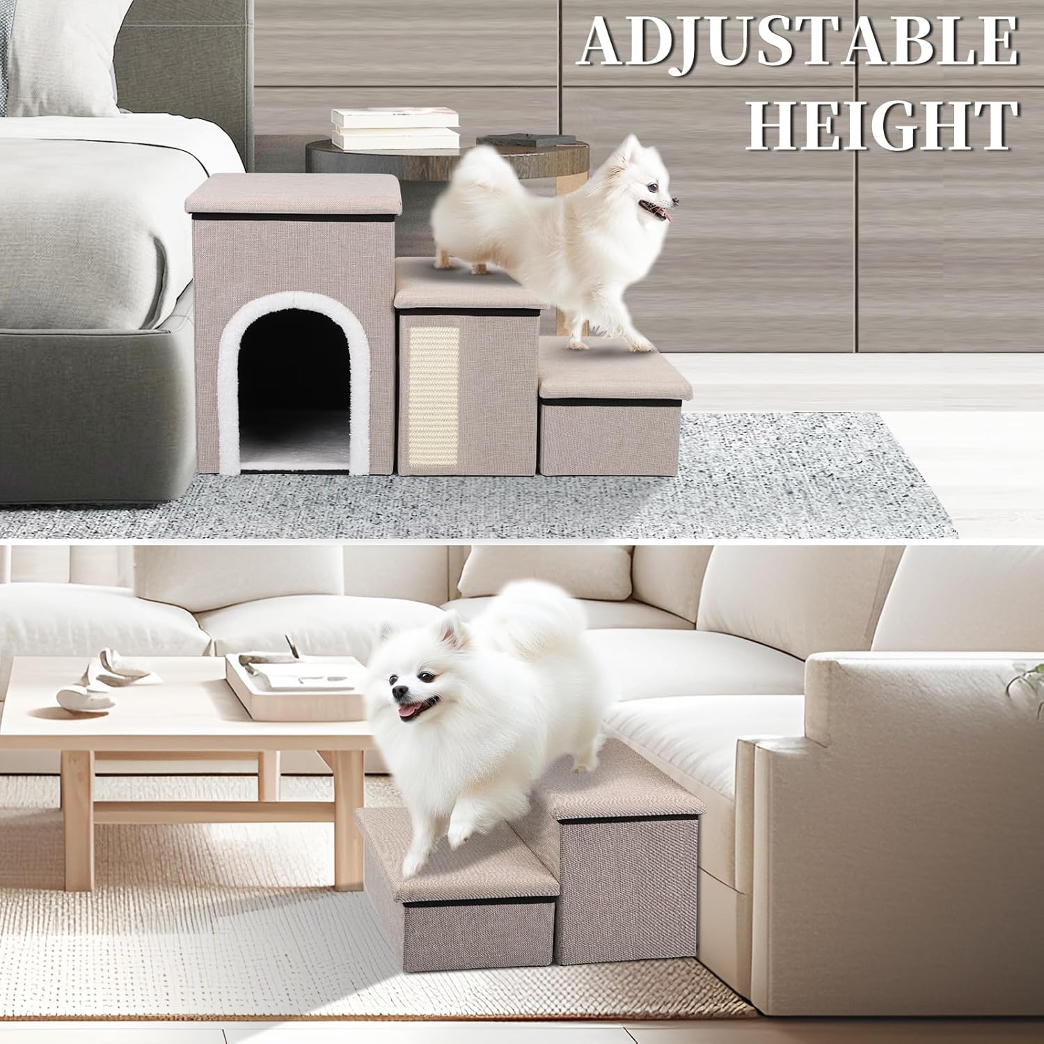 Dog Steps for Bed and Couch, 17”H Foldable Dog Stairs for Small Older Dogs Cats, Adjustable Pet Cat Stairs Ramps with Storage with Condo, Scratcher, Hold Up to 180LBS, Pet Cat Steps Beige