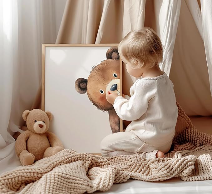 Framed Baby Bear Nursery Wall Art Peeking Bear Pictures Wall Decor Peekaboo Kids Room Decor Woodland Animal Posters Neutral Nursery Painting Canvas Print Artwork for Children's Baby Room Bedroom