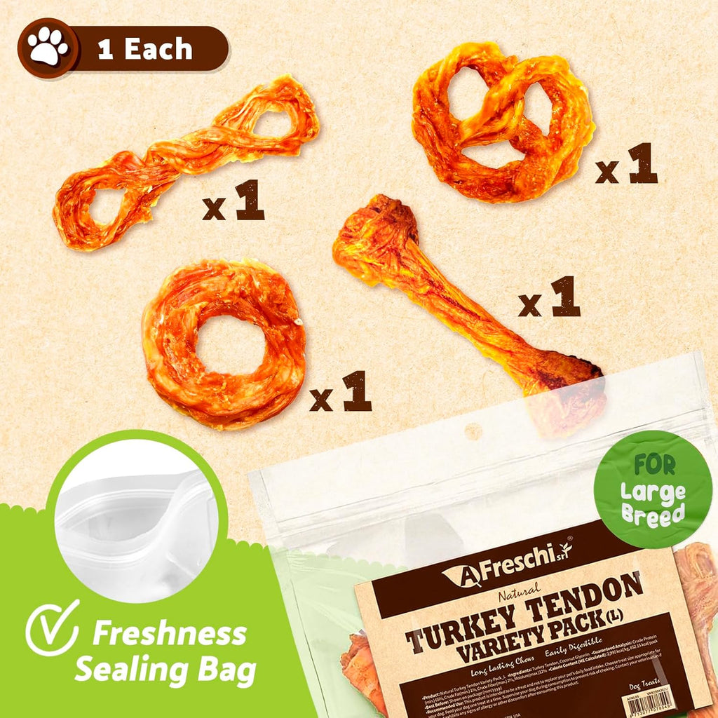 AFreschi Turkey Tendons for Dogs, USA-Sourced, Healthy Dog Treats, Rawhide-Free Puppy Chews, Long Lasting, All Natural, Hypoallergenic Dog Treats for Large Breeds, 10 oz Pack Variety (L)