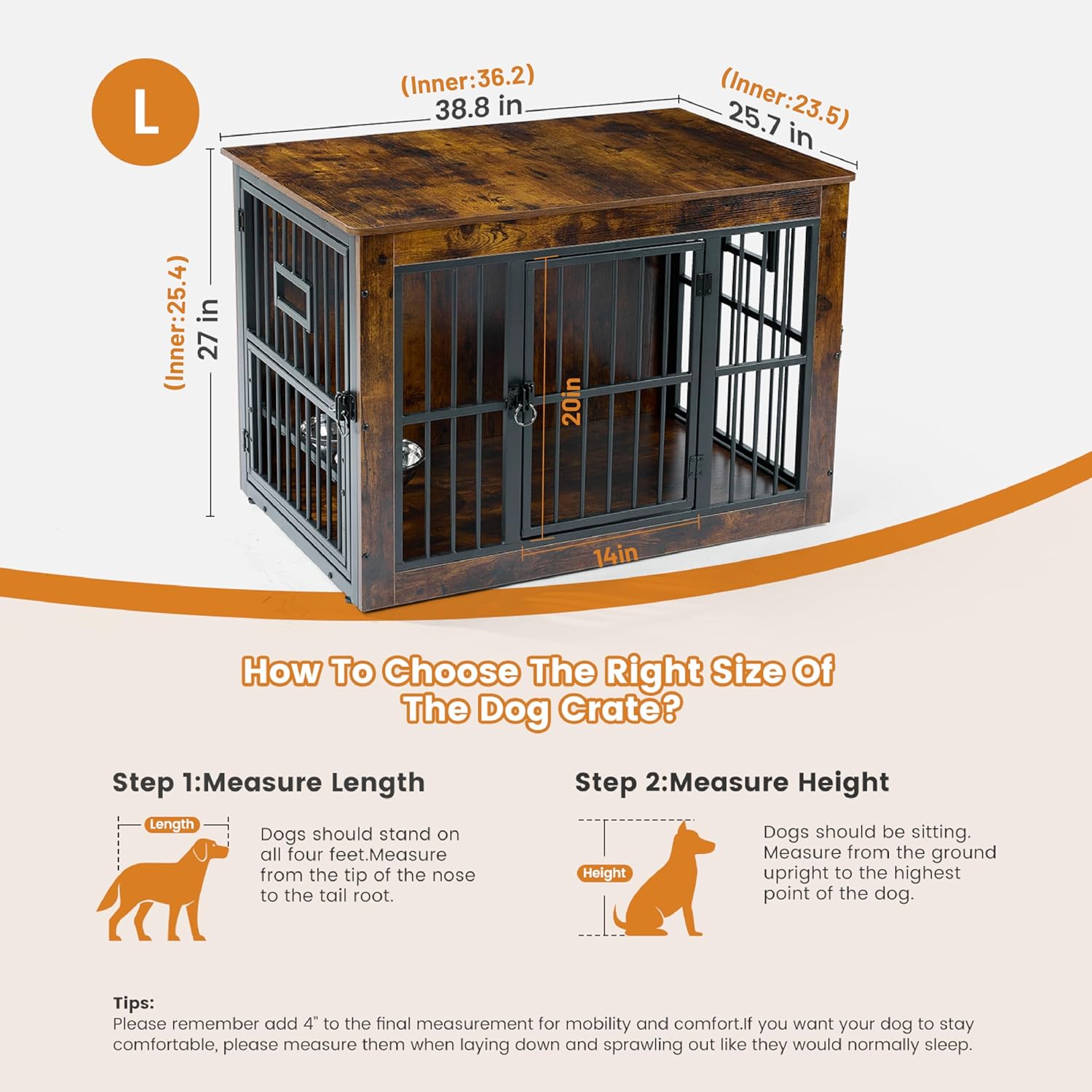 Gardner Pet Dog Crate Furniture for Medium Dogs, 38.8 Inch Dog Kennel Indoor, Wooden Dog Cage End Table with 2 Removable Bowls, Heavy Duty Dog Crate, Rustic Brown